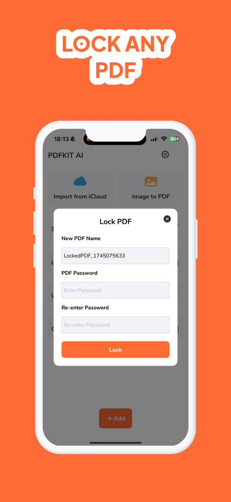 PDFKit: Convert Picture to PDF - Interfaz de la aplicación móvil PDFKit mostrando la función de protección con contraseña para bloquear cualquier archivo PDF