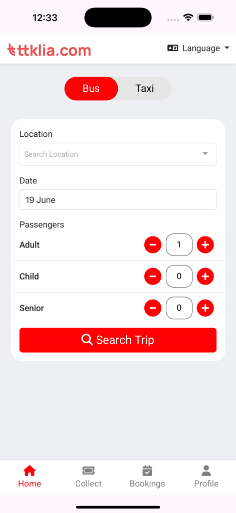 TTKLIA - TTKLIA mobile app interface for searching bus and taxi trips at KLIA Terminal 2 transport hub