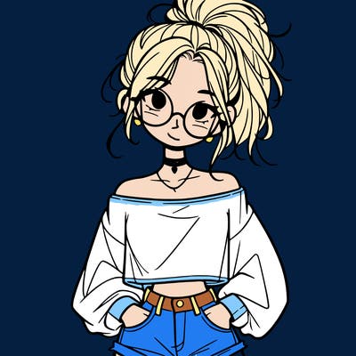 girl with a messy ponytail glasses a baggy crop top and jean shorts