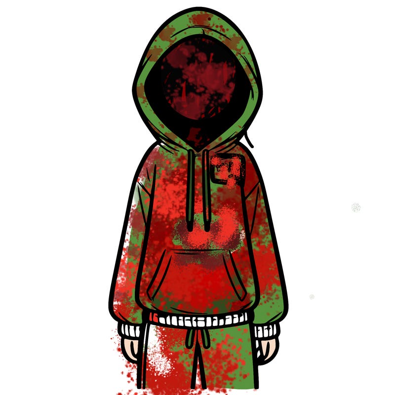 faceless girl in a tracksuit with a hood on and no hair