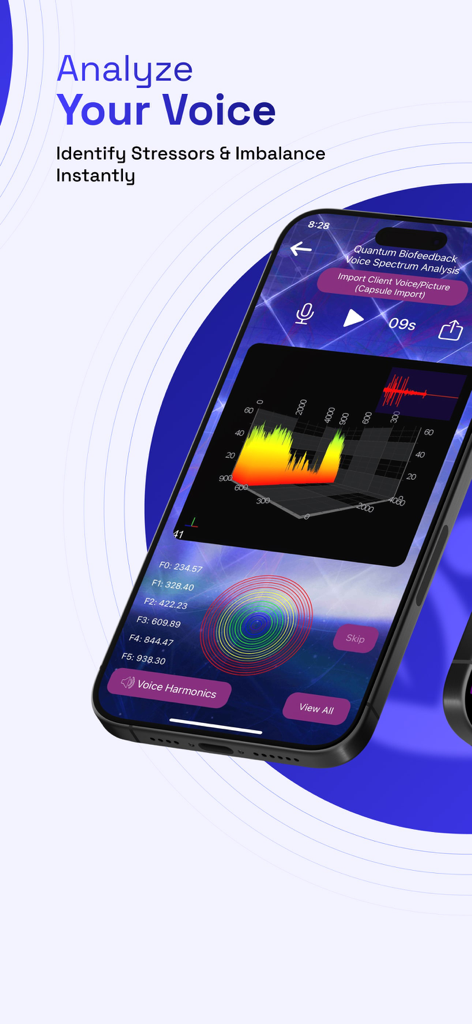 Genius Insight Biofeedback - Smartphone mostrando la interfaz de la aplicación Genius Insight para análisis de espectro de voz con un gráfico de frecuencia 3D y datos de biorresonancia.