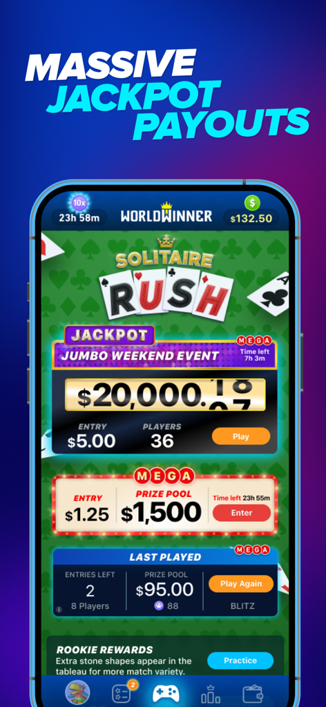 WorldWinner-App-Bildschirm, der Solitaire Rush Cash-Turniere und einen Jackpot von 20.000 Dollar zeigt
