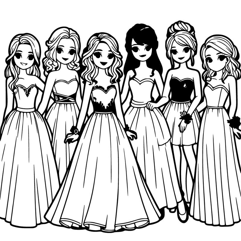 group of teenage girls in prom dresses
