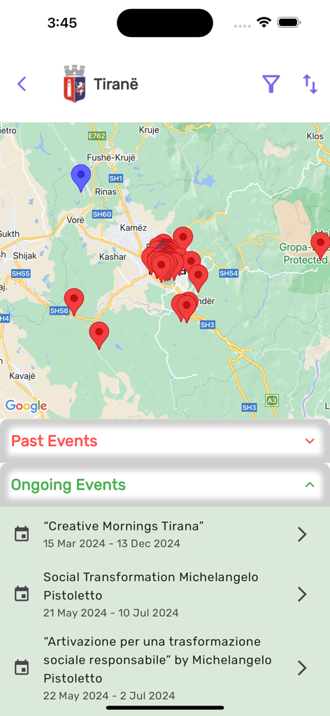 TEA app interface showing a map of Tirana with location pins for ongoing cultural events