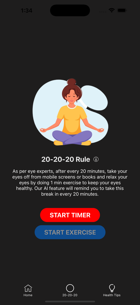 EyeX - Eye Care, Eye Exercises - EyeX app screen displaying the 20-20-20 rule for eye health with start timer and start exercise buttons