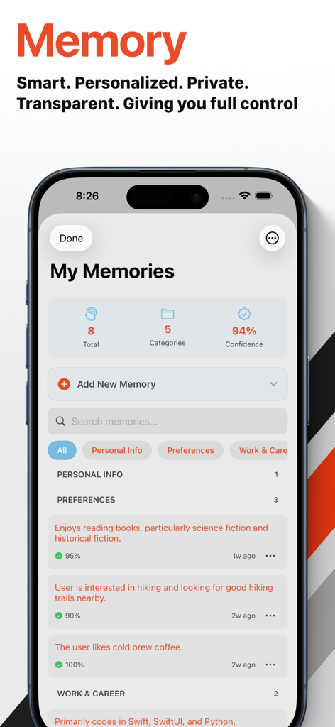 Chunk: AI Research Assistant - Smartphone screen displaying the My Memories feature of the Chunk AI app with categorized user preferences