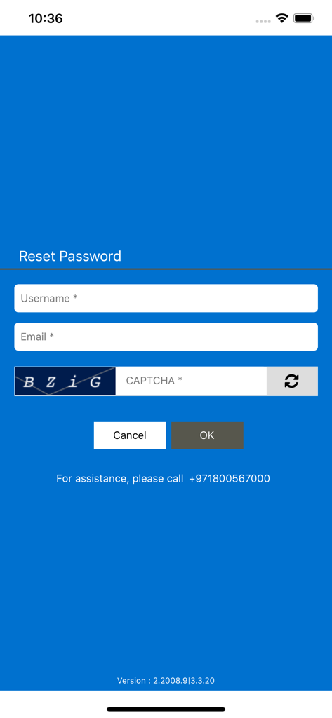 BHM Capital UAE app reset password screen with username and email fields