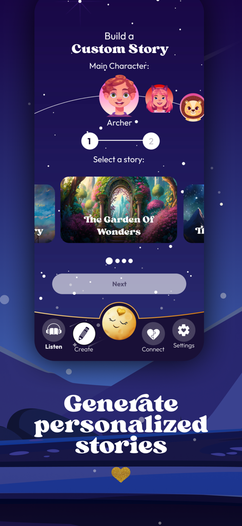 Ein mobiler App-Bildschirm zum Erstellen benutzerdefinierter Geschichten, auf dem Eltern eine Figur und einen Geschstiteltitel wie "Der Garten der Wunder" auswählen können.