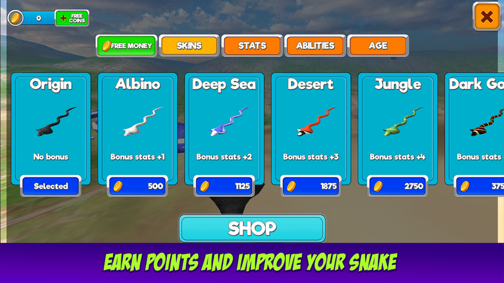 King Cobra Snake Survival Simulator 3D - In-game shop menu showing various snake skins like Albino Deep Sea and Jungle with their corresponding coin costs and stat bonuses