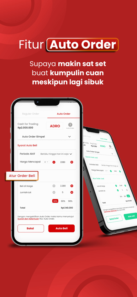 Saham Rakyat - Interface of the Saham Rakyat mobile app showing the Auto Order feature for stock trading on the Indonesia Stock Exchange