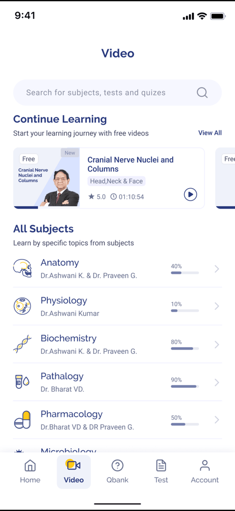 eGurukul app interface showing medical video lectures and subject progress tracking