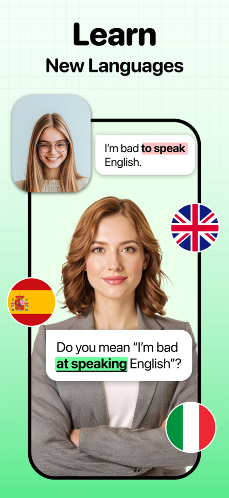 Speak & Learn English: Lina - AI English tutor interface showing a grammar correction for a student during a conversation
