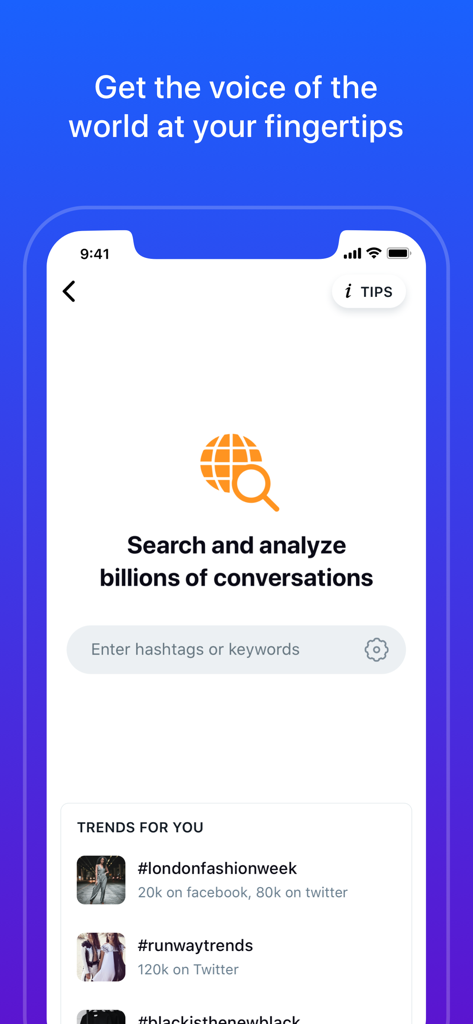 Sprinklr app interface for social listening featuring a search bar for keywords and a trends for you section