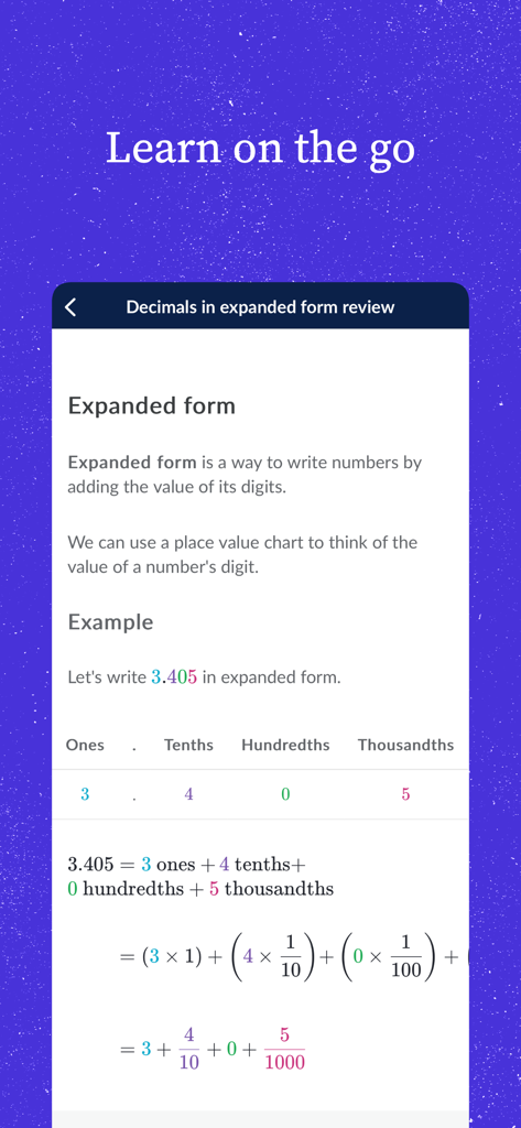 Khan Academy - A math lesson on decimals in expanded form within the Khan Academy mobile app