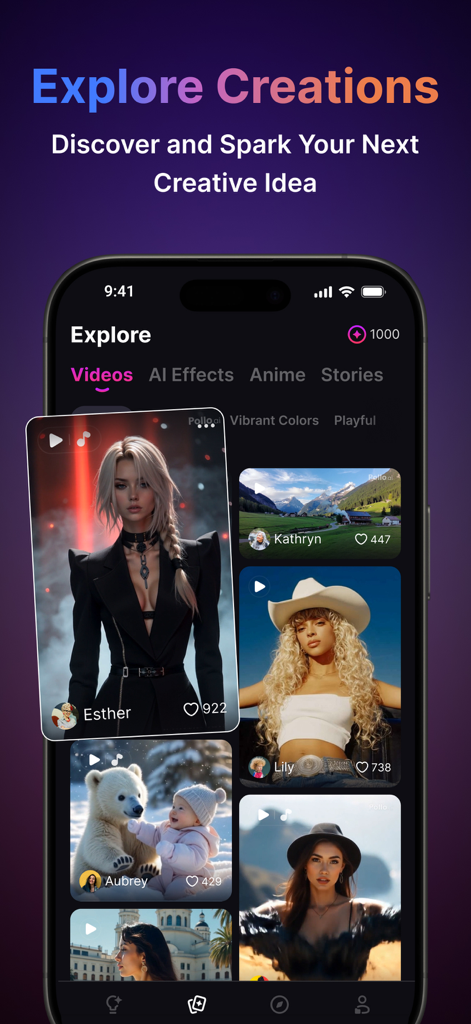 Pollo AIアプリインターフェース。トレンドのAI生成動画とクリエイタープロフィールのフィードを表示している。