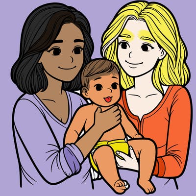two realistic women holding one baby together
