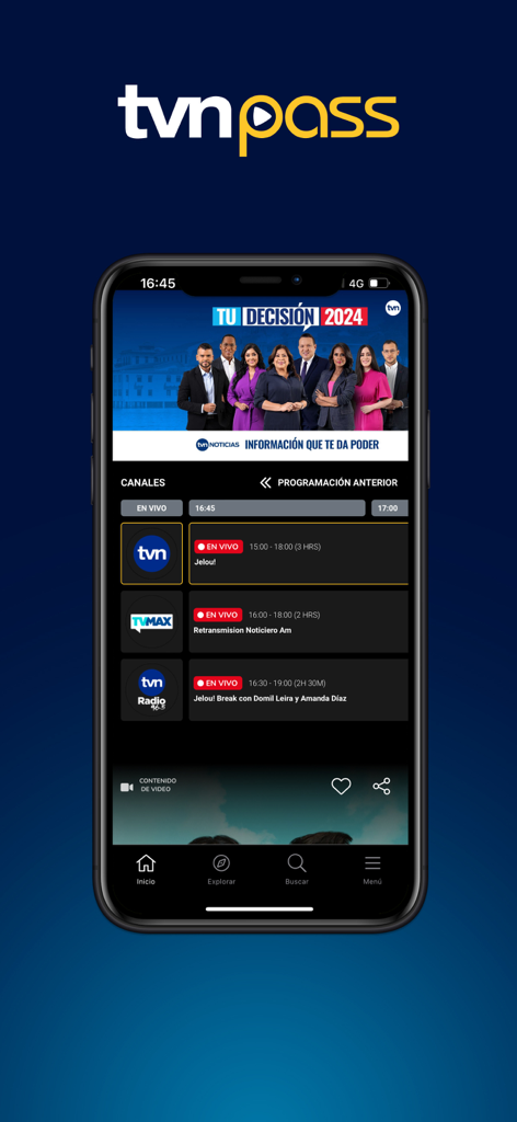 Pantalla de inicio de la aplicación TVN Pass mostrando canales de TV panameños en vivo y programas de noticias