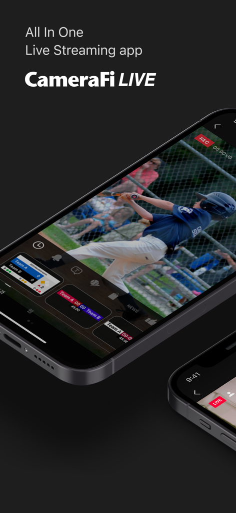 CameraFi Live - スマートフォン上のCameraFi Liveアプリのインターフェース。プロのスコアボードオーバーレイが表示されたライブ野球の試合を表示しています。