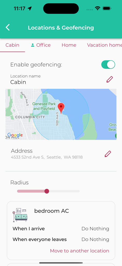 Sensibo - Sensibo app screen for setting up location based geofencing to automate air conditioning