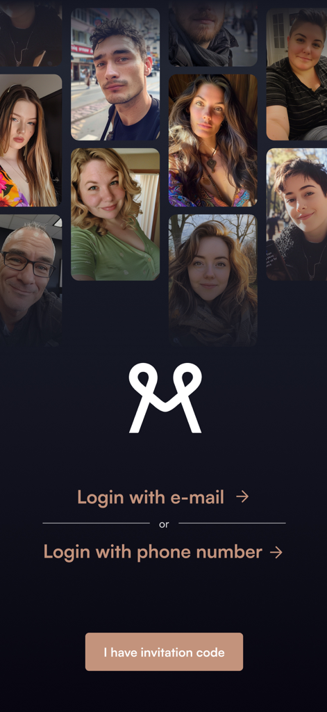 Matchful dating app login screen with diverse user profile photos and options to sign in via email or phone number