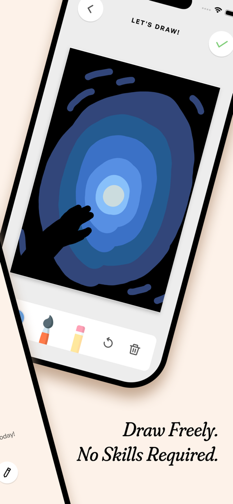 Paint My Day – Art Journal - Interfaz de dibujo de la aplicación de diario de arte Paint My Day con una pintura abstracta azul y herramientas creativas