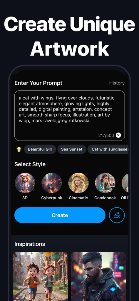 AI Photo Generator - AI Art - KI-Foto-Generator-App-Oberfläche, die Eingabeaufforderungen und Optionen für Kunststile zeigt