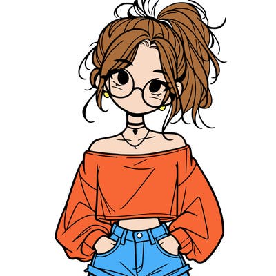 girl with a messy ponytail glasses a baggy crop top and jean shorts