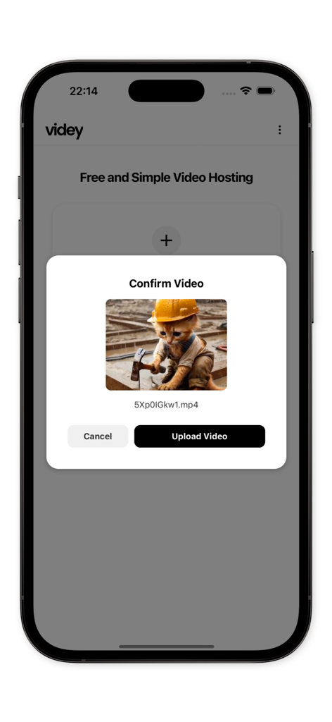 Videy app mobile interface showing a video upload confirmation popup with a preview thumbnail