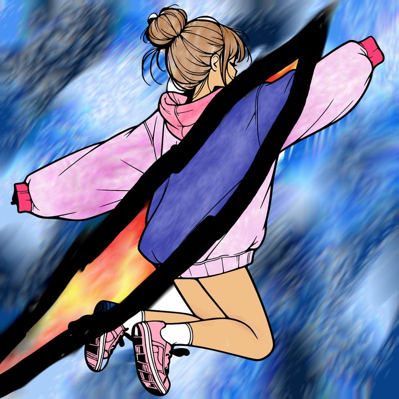 realistic girl jumping with a bun and oversized sweatshirt