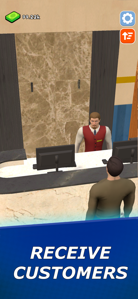 Hotel Manager: Resort Empire - A receptionist serving a guest at the check in desk in Hotel Manager Resort Empire