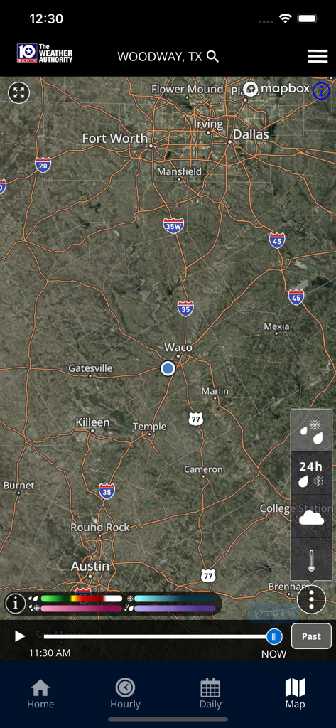 KWTX Weather app displaying a high-resolution radar map of Central Texas including Waco and Temple