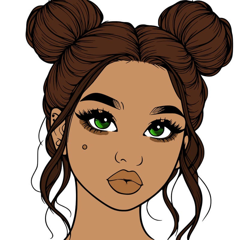 realistic girl with two buns on her hair and lips