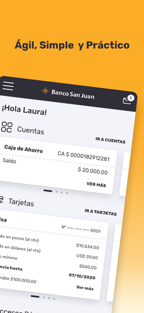 APP Banco San Juan - Tableau de bord bancaire mobile de l'application Banco San Juan affichant les soldes des comptes et les informations de la carte de crédit