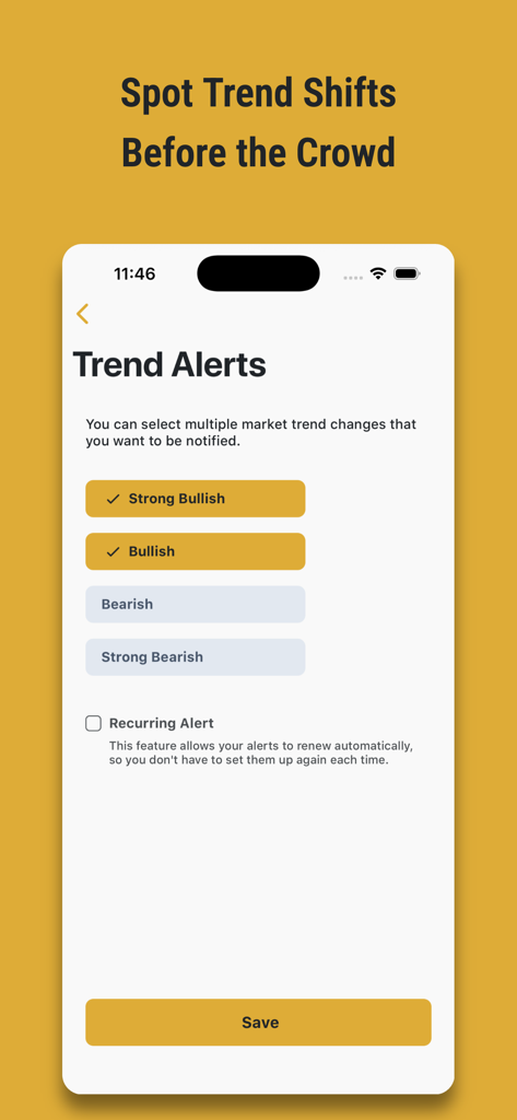 Pantalla de la aplicación Coinim mostrando opciones para configurar alertas de tendencias cripto alcistas y bajistas