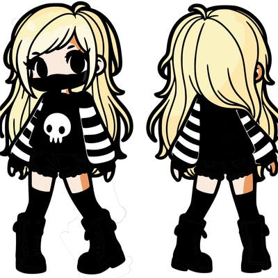 girl whith long striped sleeved skull shirt whith long hair shorts knee high boots