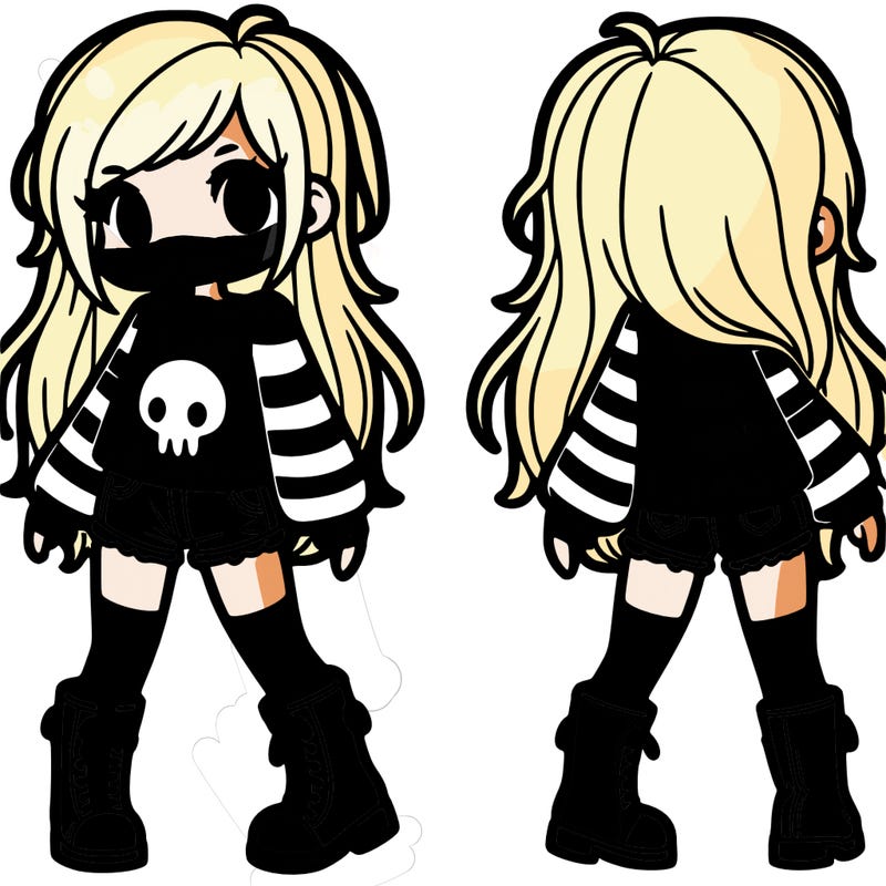 girl whith long striped sleeved skull shirt whith long hair shorts knee high boots