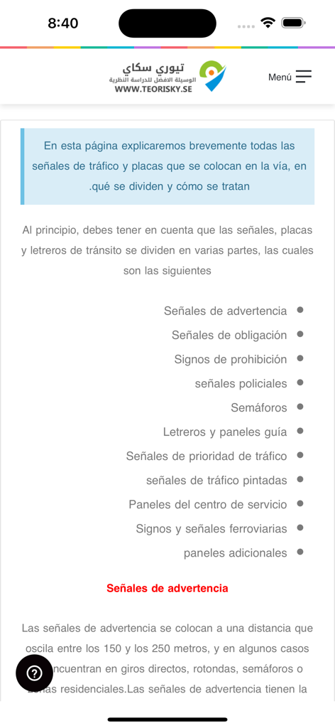 Interfaccia dell'app di teoria di guida in spagnolo che mostra diverse categorie di segnali stradali