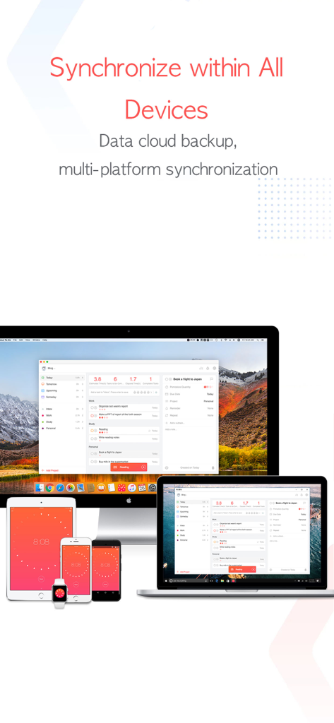 Focus To-Do: Focus Timer&Tasks - Focus To-Do App-Oberfläche synchronisiert über mehrere Geräte, einschließlich Desktop, Tablet und Mobilgerät.