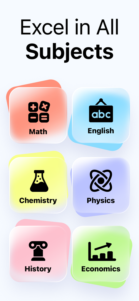 Solvo: AI Homework Helper - Interfaz de la aplicación Solvo mostrando soporte para varias materias, incluyendo Matemáticas, Inglés, Química, Física, Historia y Economía.