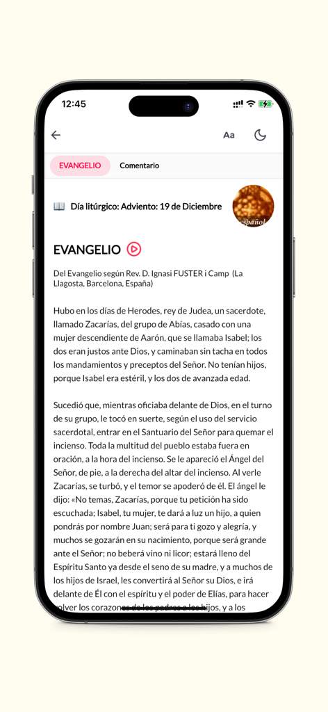 Mobile app interface showing a daily Gospel reading in Spanish for the rezar spiritual wellness community.