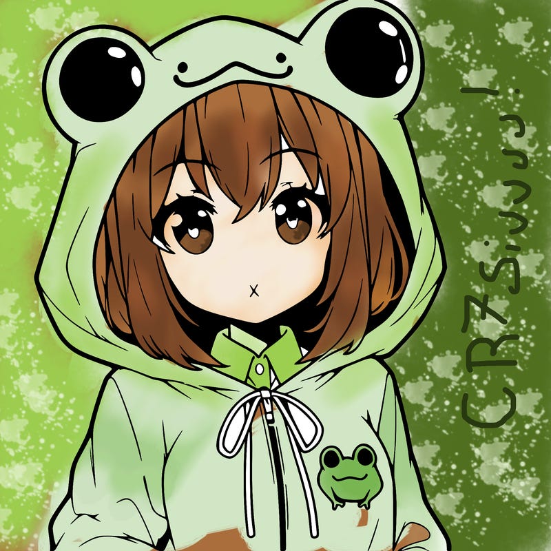 an anime girl wearing a frog hoodie