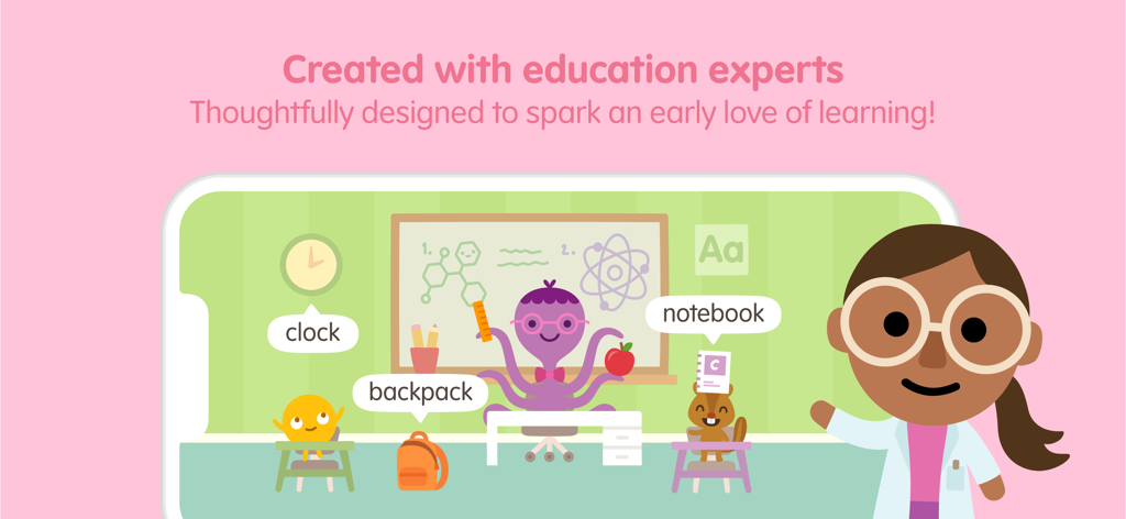 Cena de sala de aula do Sago Mini School com rótulos de palavras para aprendizado precoce