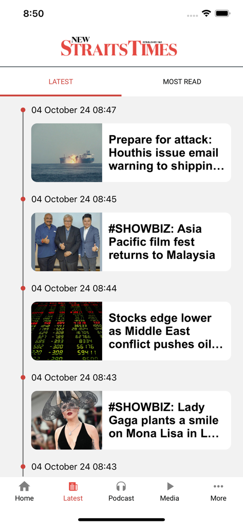 Screenshot dell'app New Straits Times Mobile che mostra gli ultimi articoli di notizie in un elenco cronologico.