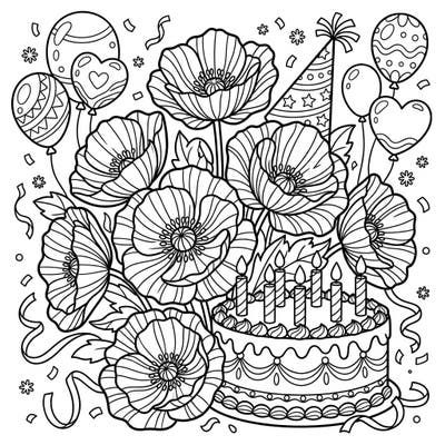 Unwrap the joy of a special occasion with this delightful blue poppies birthday coloring page, adorned with festive balloons, a cake, and confetti. It's the perfect way to add a splash of color to any celebration.