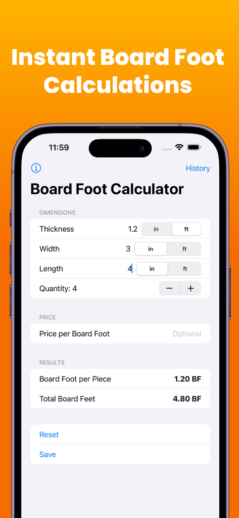 Board Foot Calculate - Screenshot of the Board Foot Calculate app interface showing lumber dimension inputs for thickness, width, length, and quantity with calculated board foot results.