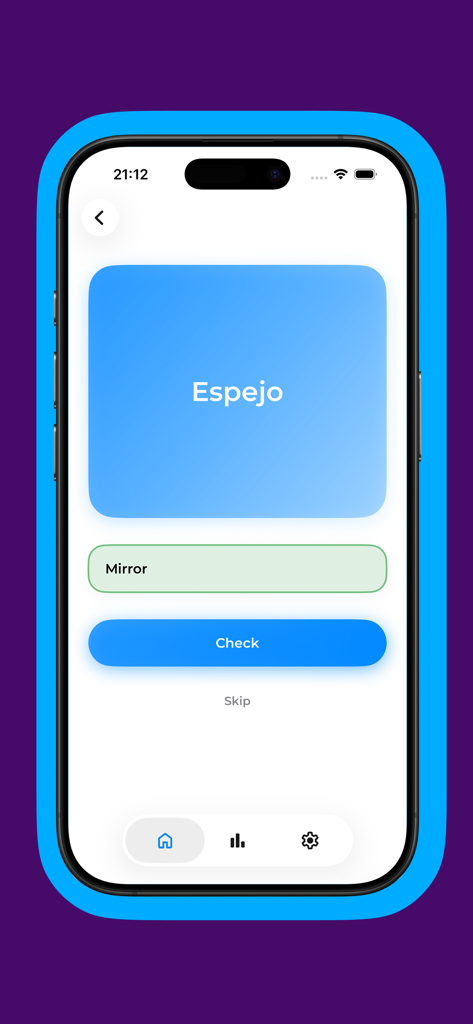 Flashcards: Easy Make & Learn - A mobile screen showing the study mode of the Flashcards app with a Spanish translation exercise.