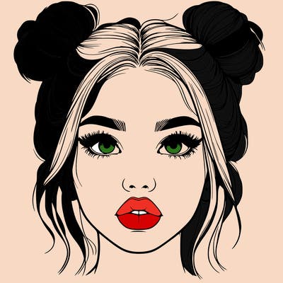realistic girl with two buns on her hair and lips