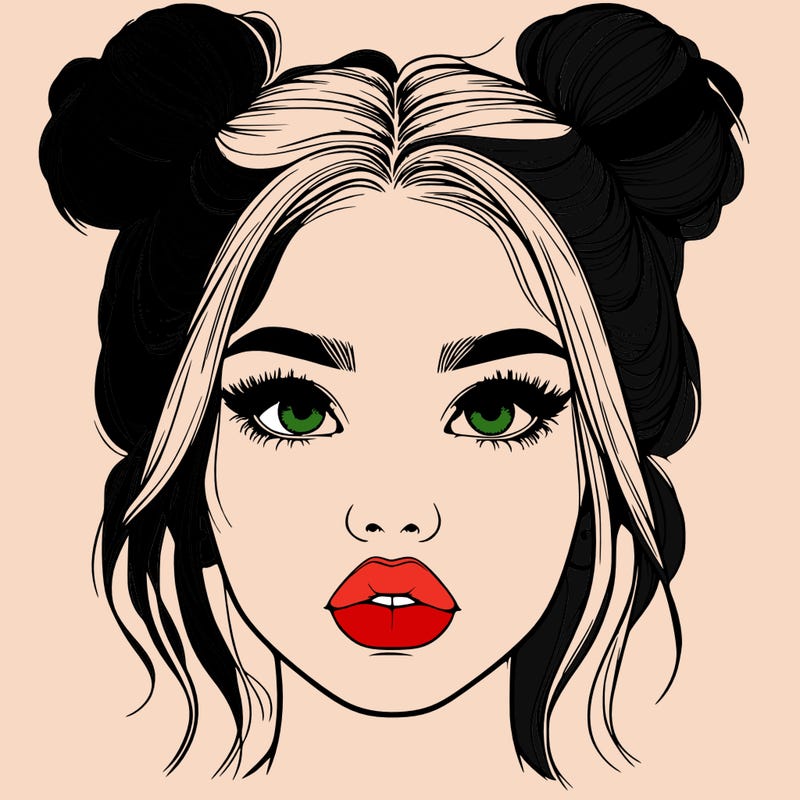 realistic girl with two buns on her hair and lips