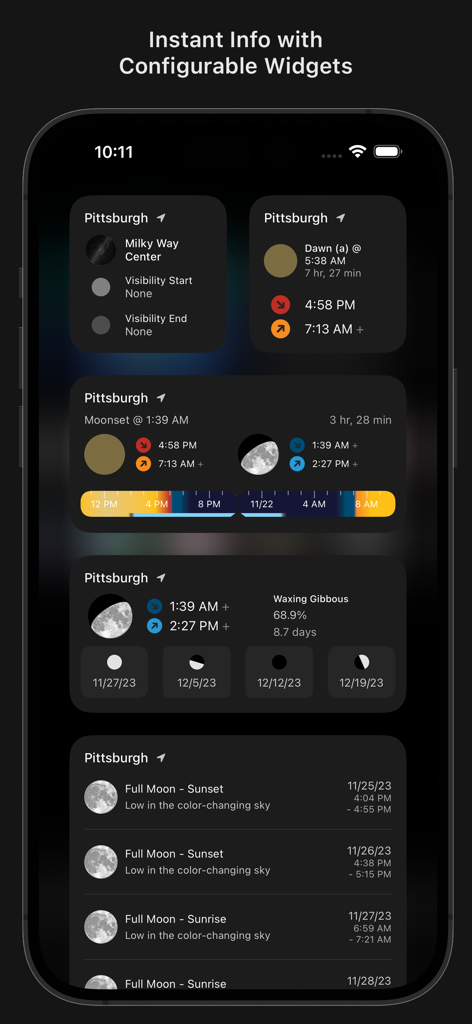 Sun Surveyor (Sun & Moon) - Sun Surveyor app widgets displaying sun moon and milky way visibility data on an iPhone