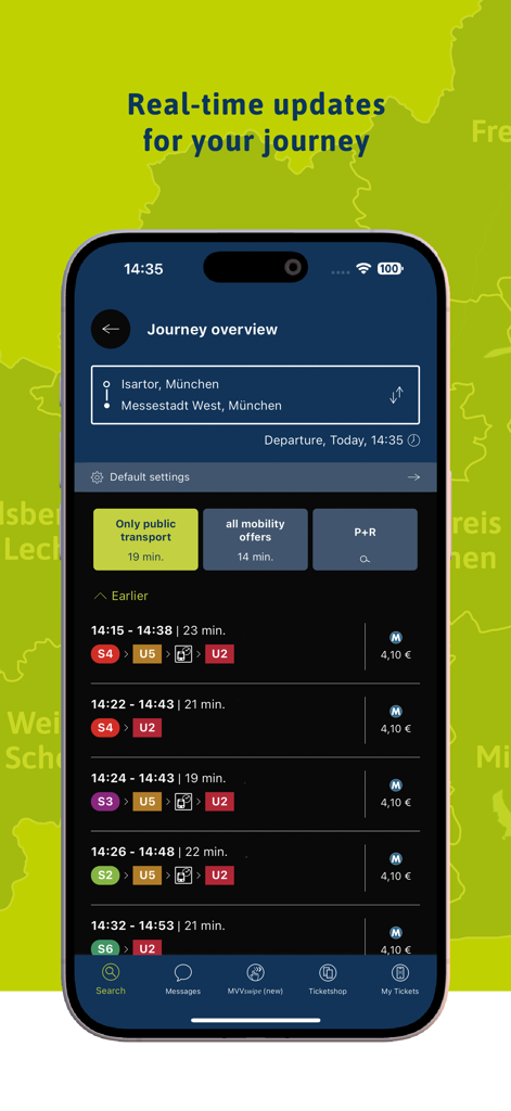 Resumen de viaje de la MVV-App que muestra rutas de transporte en tiempo real y precios de billetes en Múnich